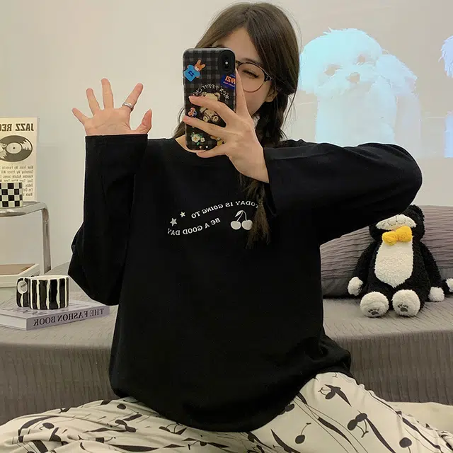 俏韵 圆领春秋季仿棉长袖简约印花休闲风甜美薄款舒适家居服可外穿睡衣套装 女款