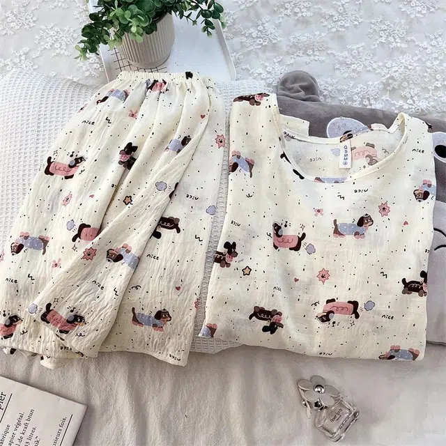 俏韵 圆领卡通腊肠狗夏季云朵棉甜美条纹可爱短袖短裤舒适薄款家居服可外穿睡衣套装 女款