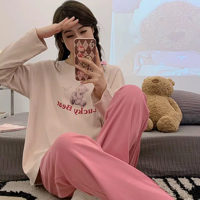 俏韵 圆领春秋季款仿棉长袖简约印花休闲甜美可爱薄款舒适家居服可外穿睡衣套装 女款