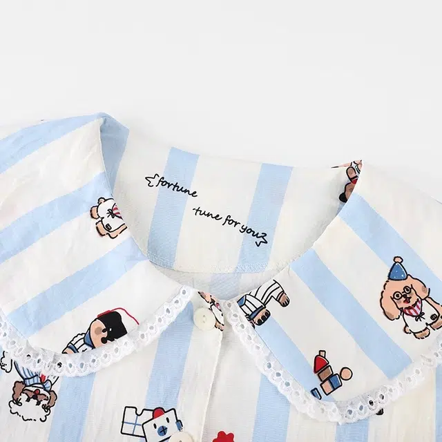 俏韵 翻领条纹小狗云朵棉短袖甜美公主风家居服可外穿睡衣套装 女款