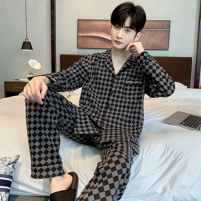 俏韵 翻领秋季长袖开衫春季休闲简约薄款家居服可外穿睡衣套装 男款
