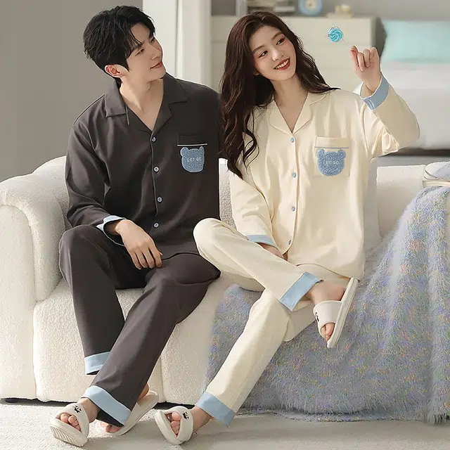 俏韵 翻领卡通春秋季纯棉简约长袖长裤甜美印花可爱舒适家居服可外穿睡衣套装 男女同款