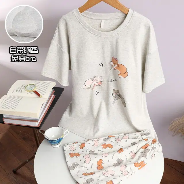 俏韵 甜美圆领卡通短袖可爱带胸垫家居服可外穿三分裤夏季睡衣套装 女款