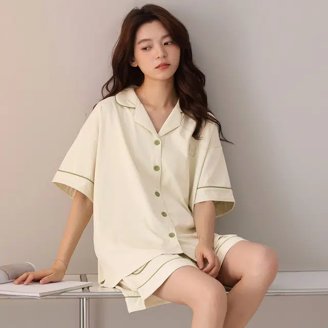 俏韵 翻领夏季纯棉舒适凉感短袖甜美可爱薄款家居服可外穿睡衣套装 女款