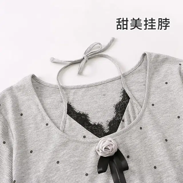 俏韵 纯欲风挂脖短袖甜美家居服睡衣套装 女款 灰色