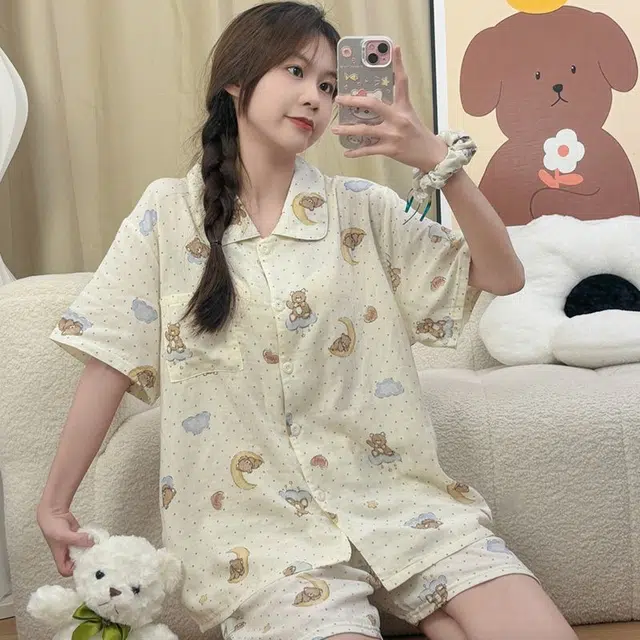 俏韵 翻领可爱短袖甜美家居服可外穿睡衣套装 女款 杏色