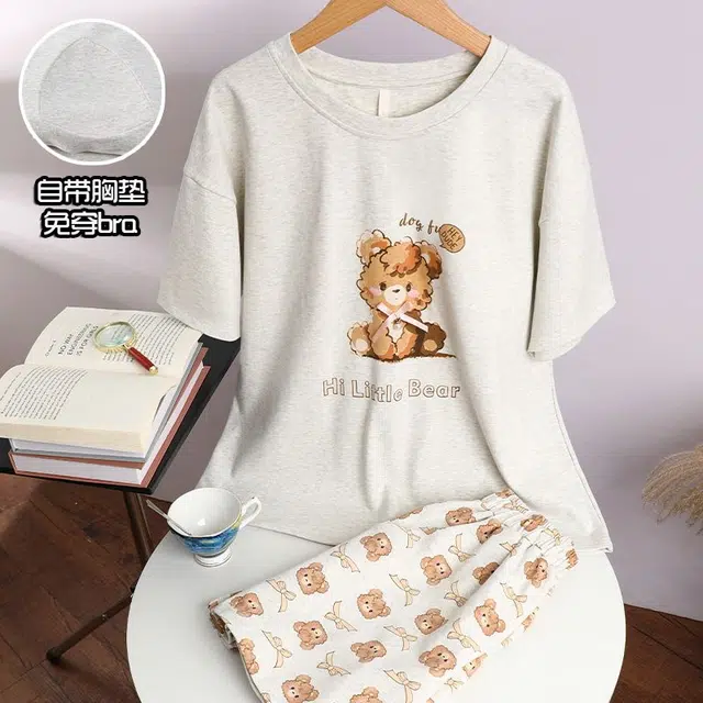 俏韵 卡通短袖圆领可爱套头带胸垫甜美家居服可外穿睡衣套装 女款