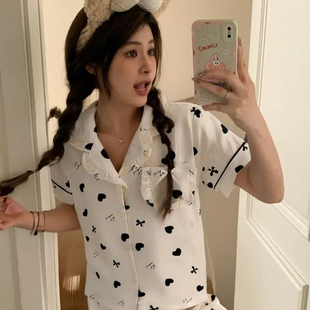 俏韵 翻领短袖长裤开衫甜美花边家居服可外穿睡衣套装 女款