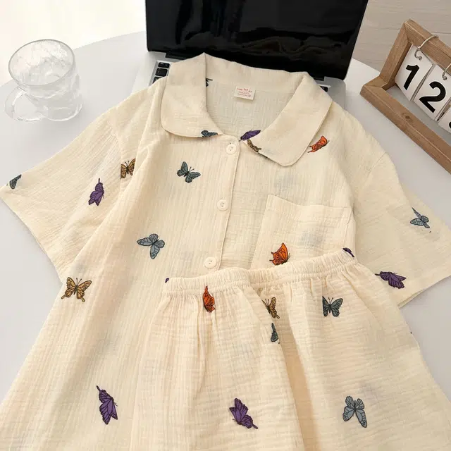 俏韵 翻领夏季甜美可爱蝴蝶短袖短裤夏天休闲舒适薄款家居服可外穿睡衣套装 女款