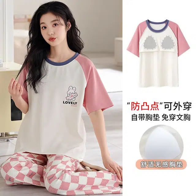 俏韵 圆领卡通夏季舒适纯棉短袖长裤带胸垫甜美薄款凉感家居服可外穿睡衣套装 女款