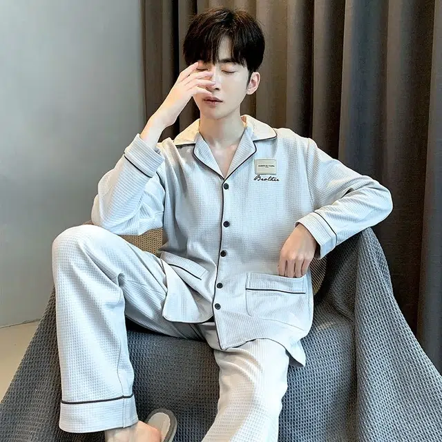 俏韵 翻领秋春季长袖长裤开衫休闲简约薄款舒适家居服可外穿睡衣套装 男款