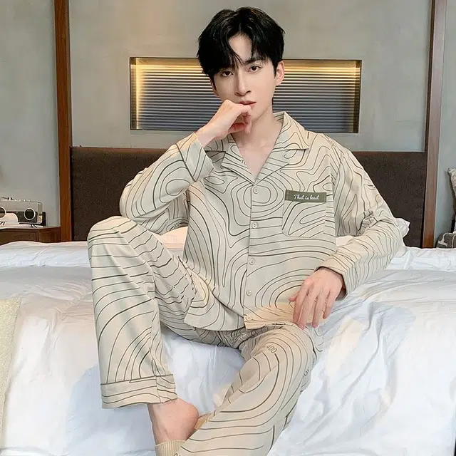 俏韵 翻领春秋季简约风印花长袖长裤休闲开衫薄款家居服可外穿睡衣套装 男款