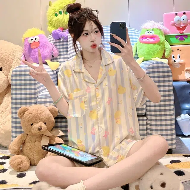 俏韵 翻领薄款条纹短袖上衣可爱家居服可外穿三分裤夏季睡衣套装 女款