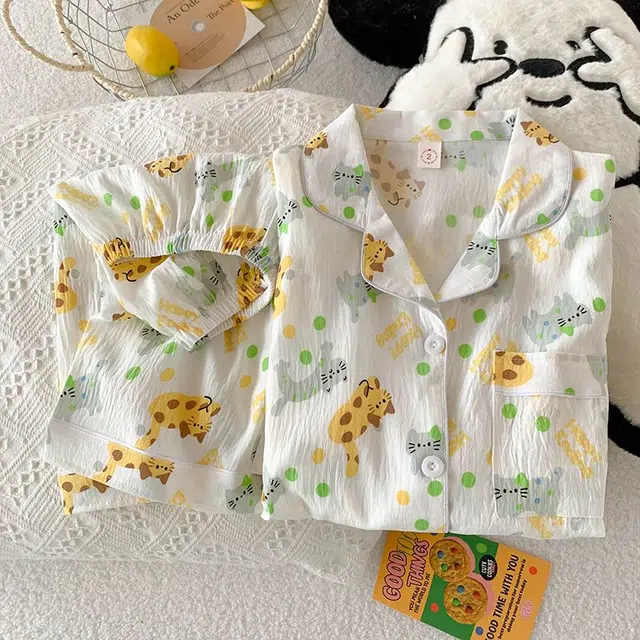 俏韵 翻领卡通猫咪夏季云朵棉可爱甜美短袖短裤薄款舒适家居服可外穿睡衣套装 女款