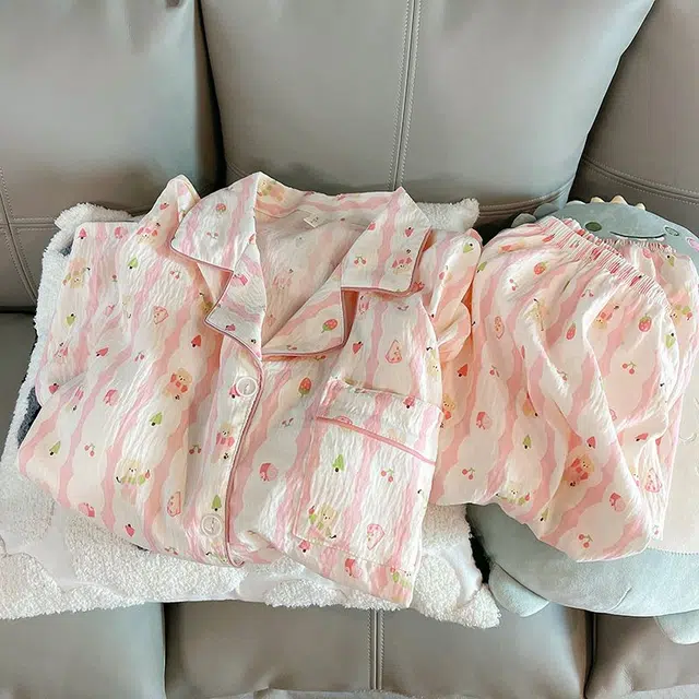 俏韵 翻领卡通条纹春秋季云朵棉甜美可爱长袖长裤开衫休闲舒适薄款家居服可外穿睡衣套装 女款