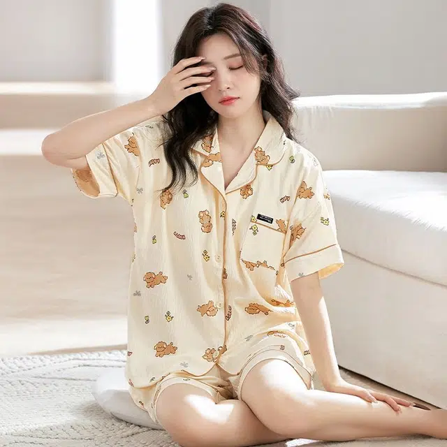 俏韵 翻领卡通云朵棉甜美风宽松短袖短裤薄款家居服可外穿睡衣套装 女款