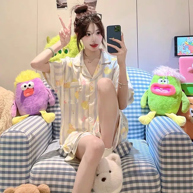 俏韵 翻领薄款条纹短袖上衣可爱家居服可外穿三分裤夏季睡衣套装 女款