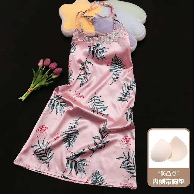 俏韵 圆领吊带夏季冰雪丝纯欲带胸垫高级感薄款家居服可外穿睡裙 女款