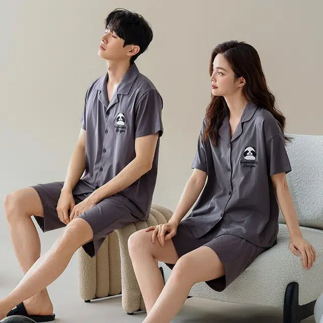 俏韵 夏季纯棉短袖短裤简约熊猫薄款家居服睡衣套装 男女同款