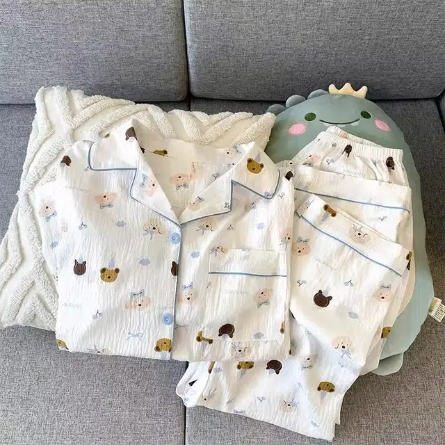 俏韵 翻领卡通小熊春秋季云朵棉长袖长裤甜美印花可爱薄款家居服可外穿睡衣套装 女款