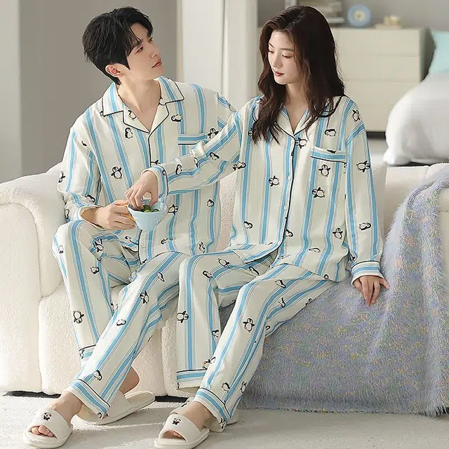 俏韵 翻领卡通条纹印花春秋季长袖长裤甜美可爱舒适家居服可外穿睡衣套装 男女同款