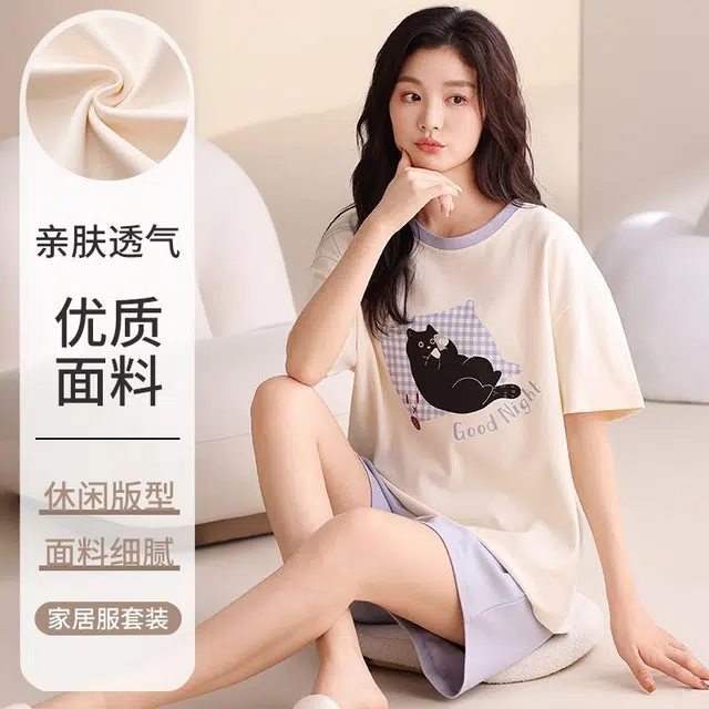 俏韵 圆领卡通夏季甜美可爱短袖短裤休闲舒适薄款家居服可外穿睡衣套装 女款