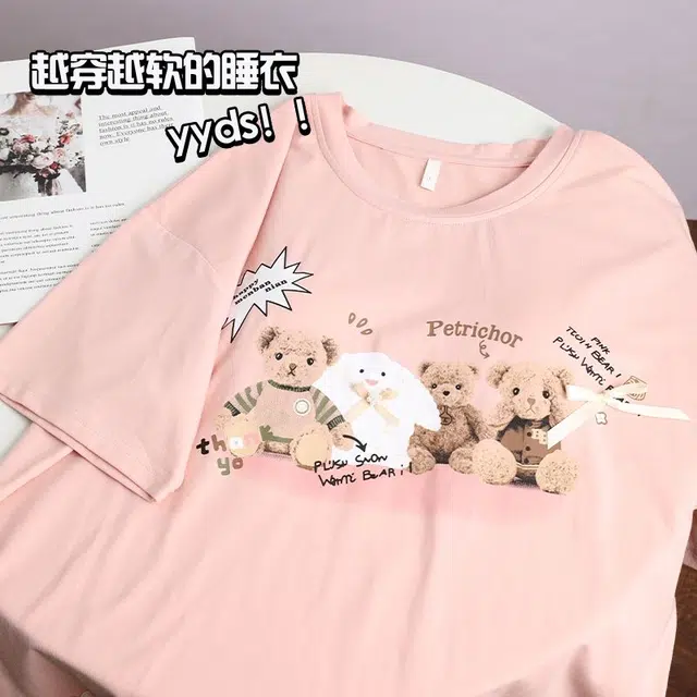 俏韵 圆领卡通短袖短裤可爱套头带胸垫甜美家居服可外穿夏季款睡衣套装 女款