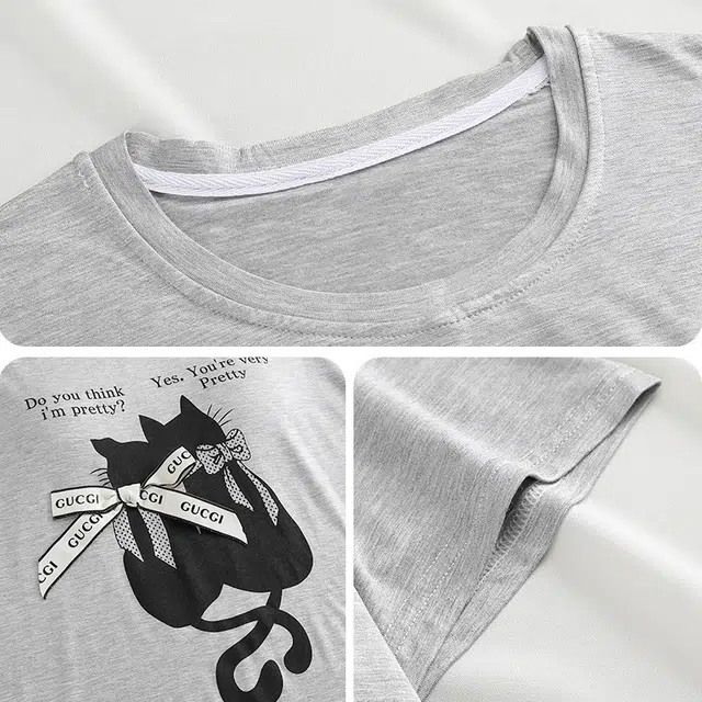 俏韵 圆领卡通黑猫短袖长裤带胸垫防凸点蕾丝边家居服可外穿睡衣套装 女款