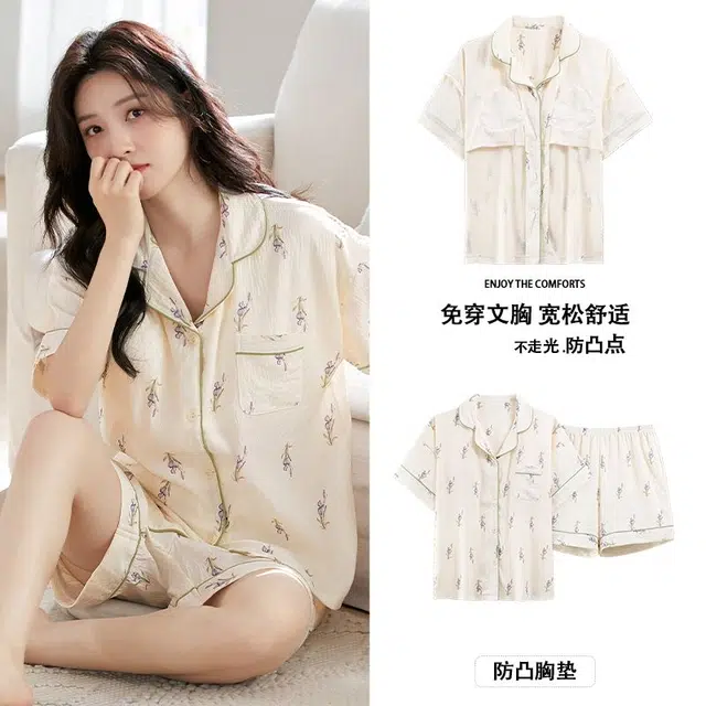 俏韵 翻领舒适甜美短袖薄款家居服可外穿三分裤夏季睡衣套装 女款