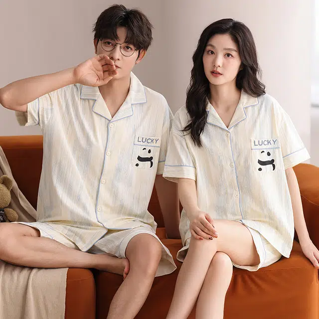 俏韵 翻领短袖薄款休闲家居服可外穿睡衣套装 男女同款