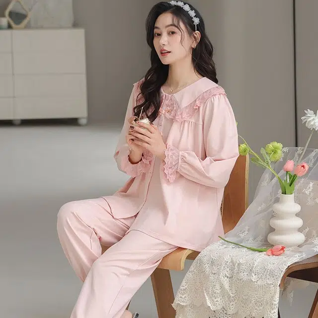 俏韵 翻领春秋季简约风长袖长裤甜美可爱休闲舒适薄款家居服可外穿睡衣套装 女款