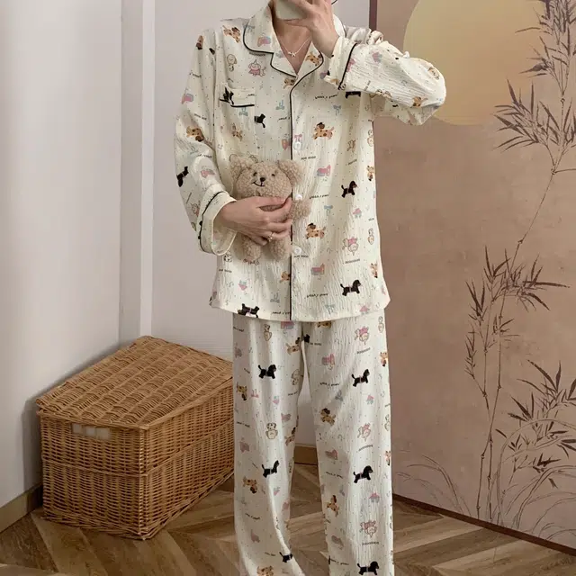 俏韵 翻领卡通小狗春秋季长袖长裤甜美印花可爱薄款家居服可外穿睡衣套装 女款