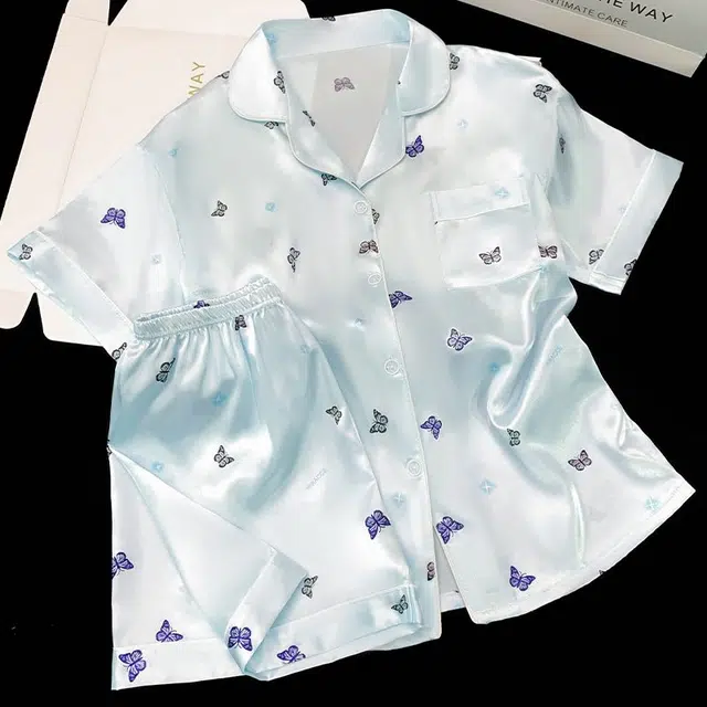 俏韵 翻领夏季简约蝴蝶甜美短袖短裤休闲舒适夏天薄款家居服可外穿睡衣套装 女款