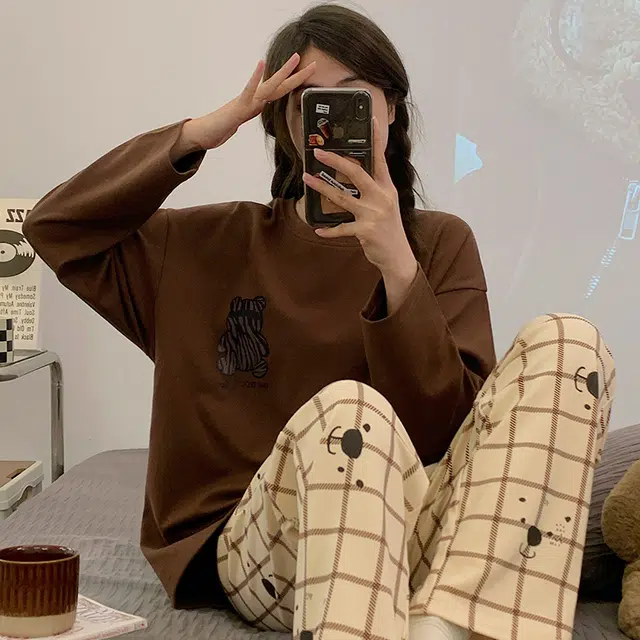 俏韵 圆领春秋季仿棉长袖简约印花休闲甜美薄款舒适家居服可外穿睡衣套装 女款