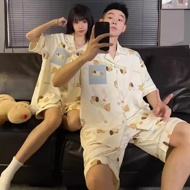 俏韵 翻领卡通腊肠狗短袖舒适家居服可外穿夏季睡衣套装 男女同款 图片色