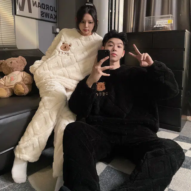 俏韵 简约亲肤舒适加厚卡通可爱小熊套头长袖休闲可外穿长裤睡衣套装 男女同款