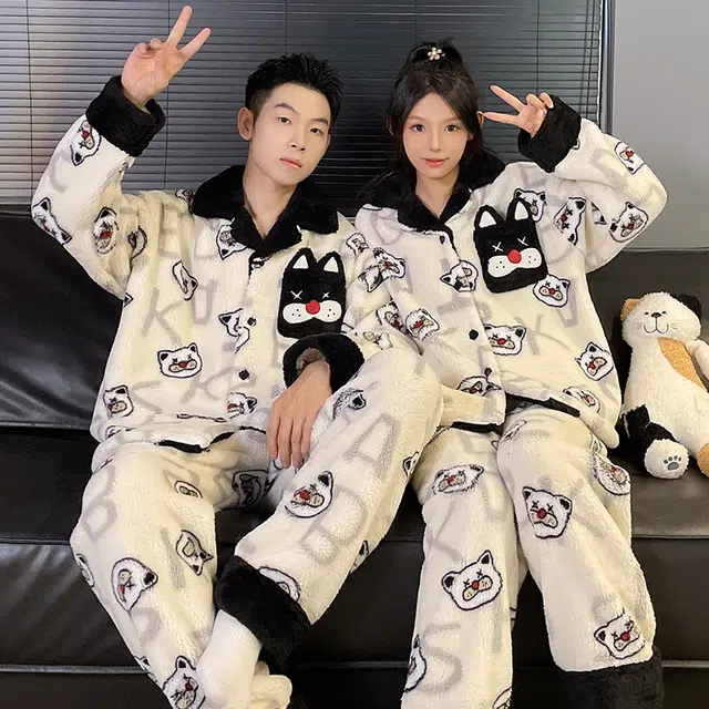 俏韵 翻领卡通冬季加绒保暖长袖长裤甜美印花可爱舒适家居服可外穿睡衣套装 男女同款