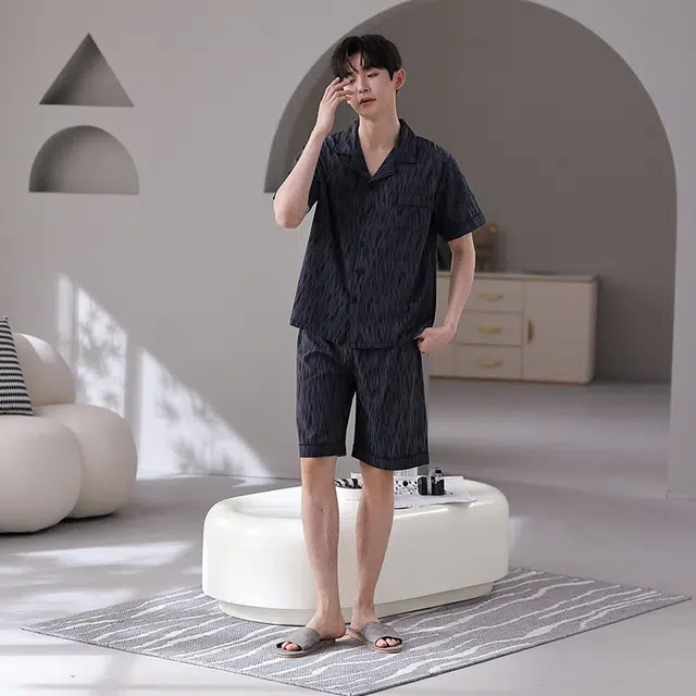 俏韵 舒适短袖短裤冰丝翻领家居服睡衣套装 男款 深蓝色