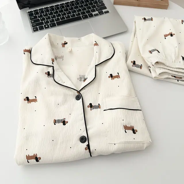 俏韵 翻领卡通腊肠狗春秋季云朵棉舒适长袖长裤甜美可爱薄款家居服可外穿睡衣套装 女款