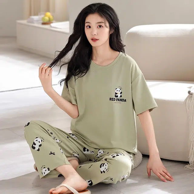 俏韵 圆领卡通熊猫夏季舒适纯棉短袖长裤带胸垫甜美薄款凉感家居服可外穿睡衣套装 女款
