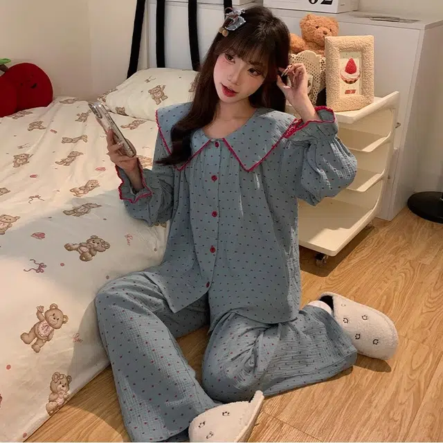 俏韵 波点休闲长袖长裤甜美外穿家居服睡衣套装 女款 蓝色