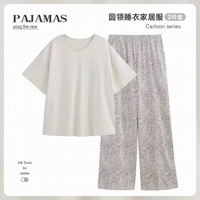 俏韵 圆领短袖上衣长裤宽松家居服可外穿睡衣套装 女款