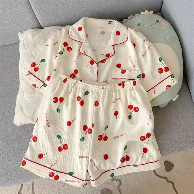 俏韵 翻领夏季云朵棉开衫短袖短裤甜美可爱家居服可外穿睡衣套装 女款