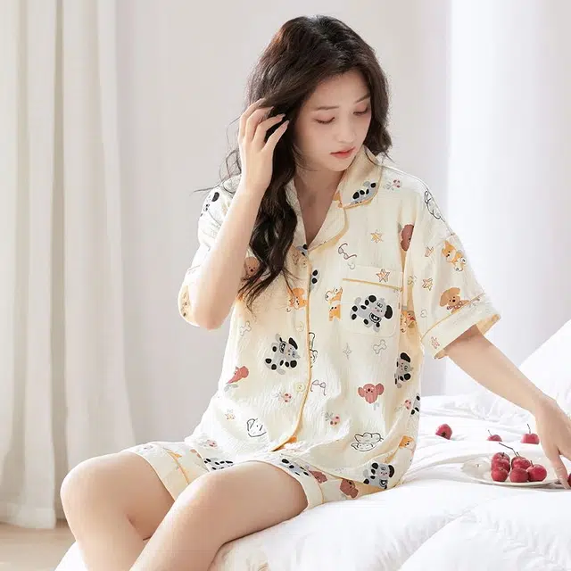 俏韵 翻领卡通甜美风短袖三分裤薄款家居服可外穿夏季睡衣套装 女款