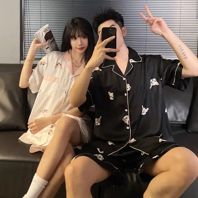 俏韵 休闲简约亲肤舒适字母翻领短袖透气可外穿睡衣套装 男女同款