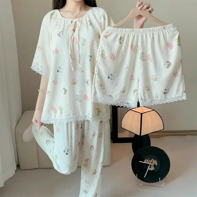 俏韵 圆领短袖长裤三件套薄款舒适家居服可外穿夏季睡衣套装 女款