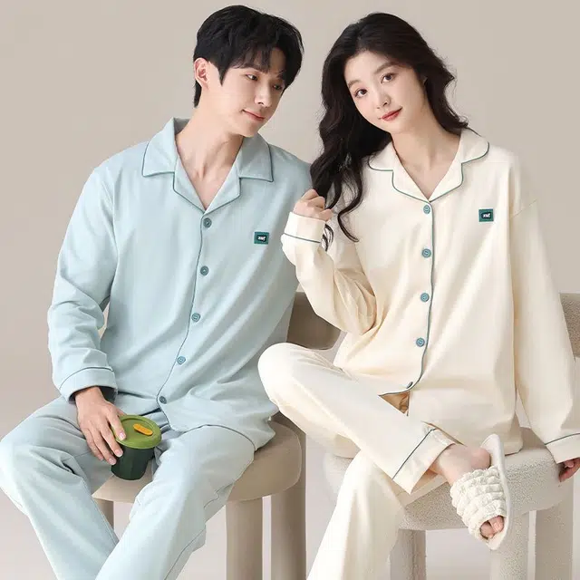 俏韵 翻领春秋季纯棉简约风长袖长裤甜美舒适休闲高级家居服可外穿睡衣套装 男女同款