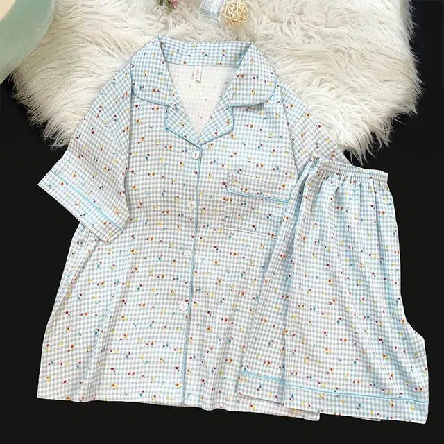 俏韵 翻领夏季云朵棉短袖短裤开衫甜美可爱家居服可外穿睡衣套装 女款