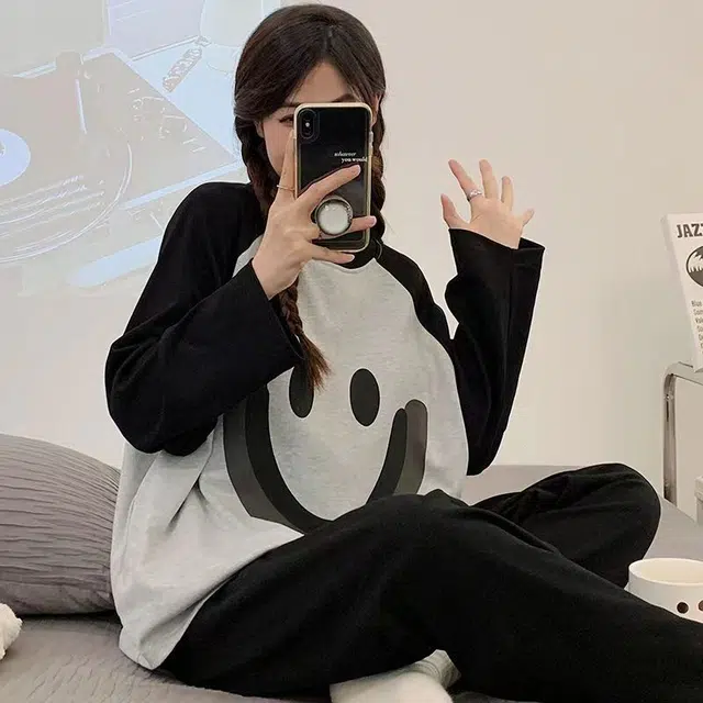 俏韵 圆领春秋季仿棉简约笑脸长袖休闲甜美可爱薄款舒适家居服可外穿 睡衣套装 女款