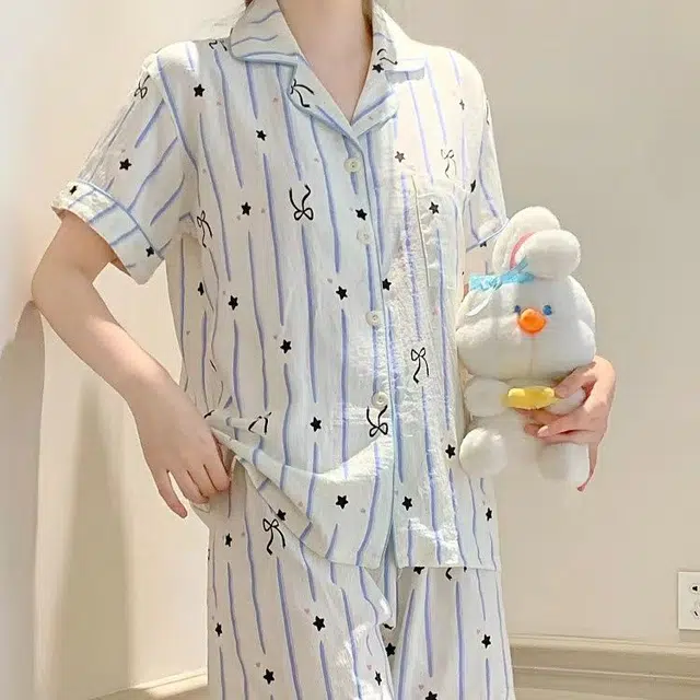 俏韵 夏季云朵棉甜美短袖短裤条纹小清新家居服可外穿睡衣套装 女款